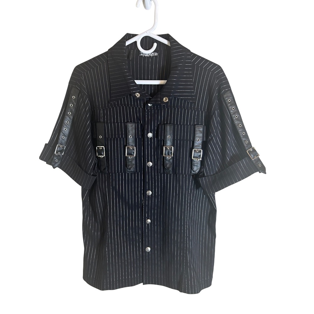 Lip Service Button Down Shirt Mens Large Black Silver Pinstripe Buckle Punk